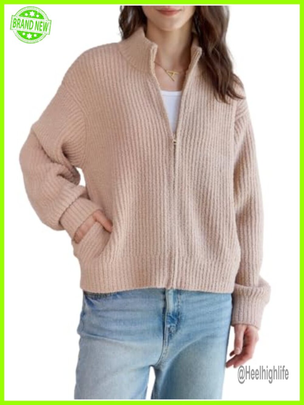 Mock Neck Zip Up Cardigan Sweater with Pockets Cropped Ribbed Knit